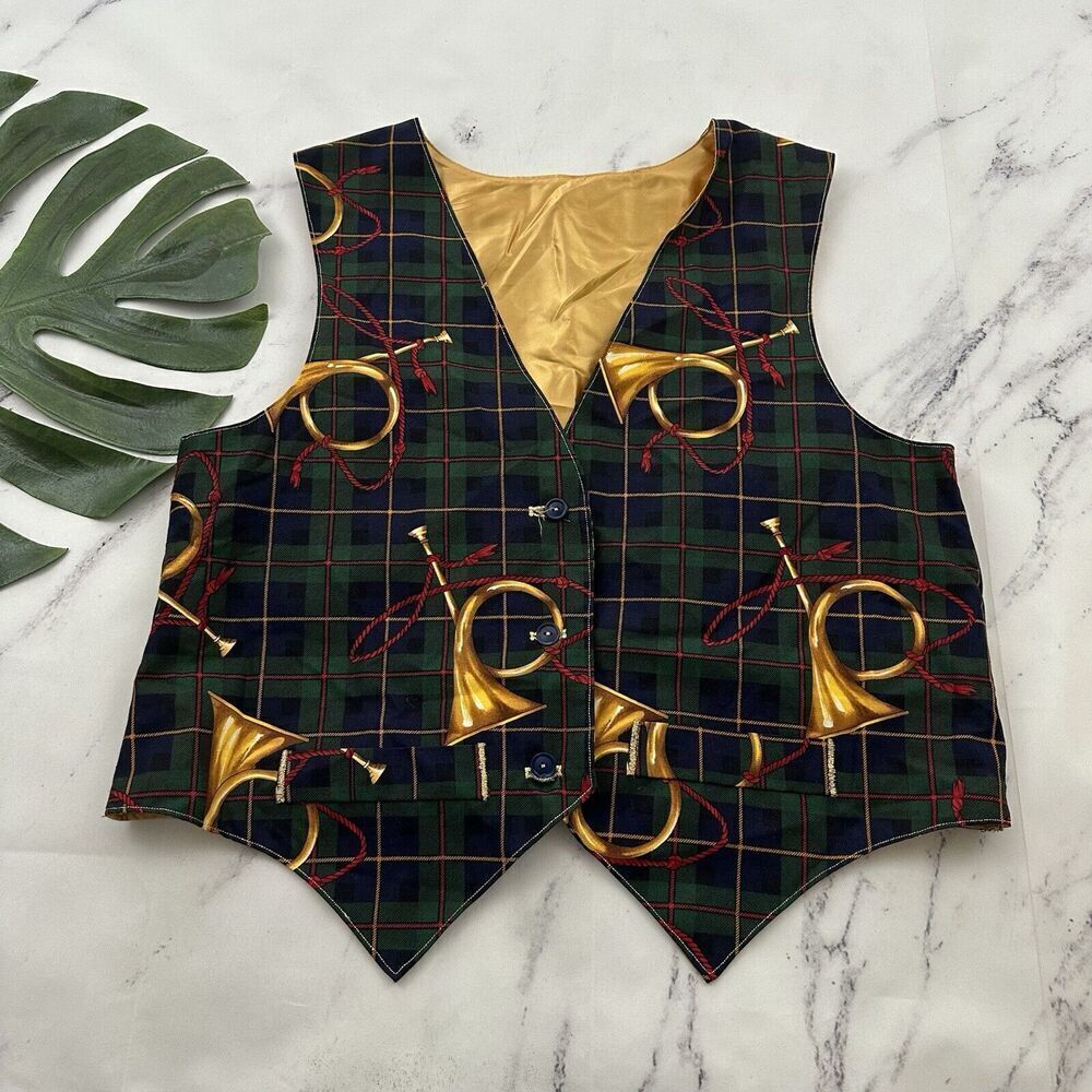 Womens Vintage 90s Handmade Christmas Horn Vest Size M Green Blue Plaid